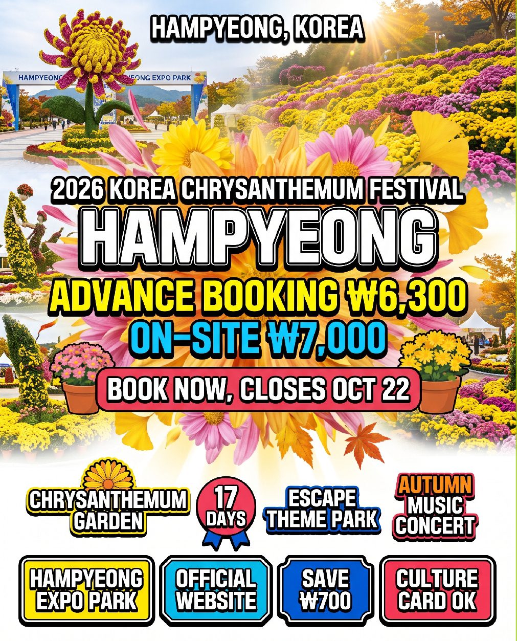 Hampyeong Grand Chrysanthemum Festival 2026 at Hampyeong Expo Park — 1.7 million chrysanthemums in full bloom across the themed Mythical Chrysanthemum Garden