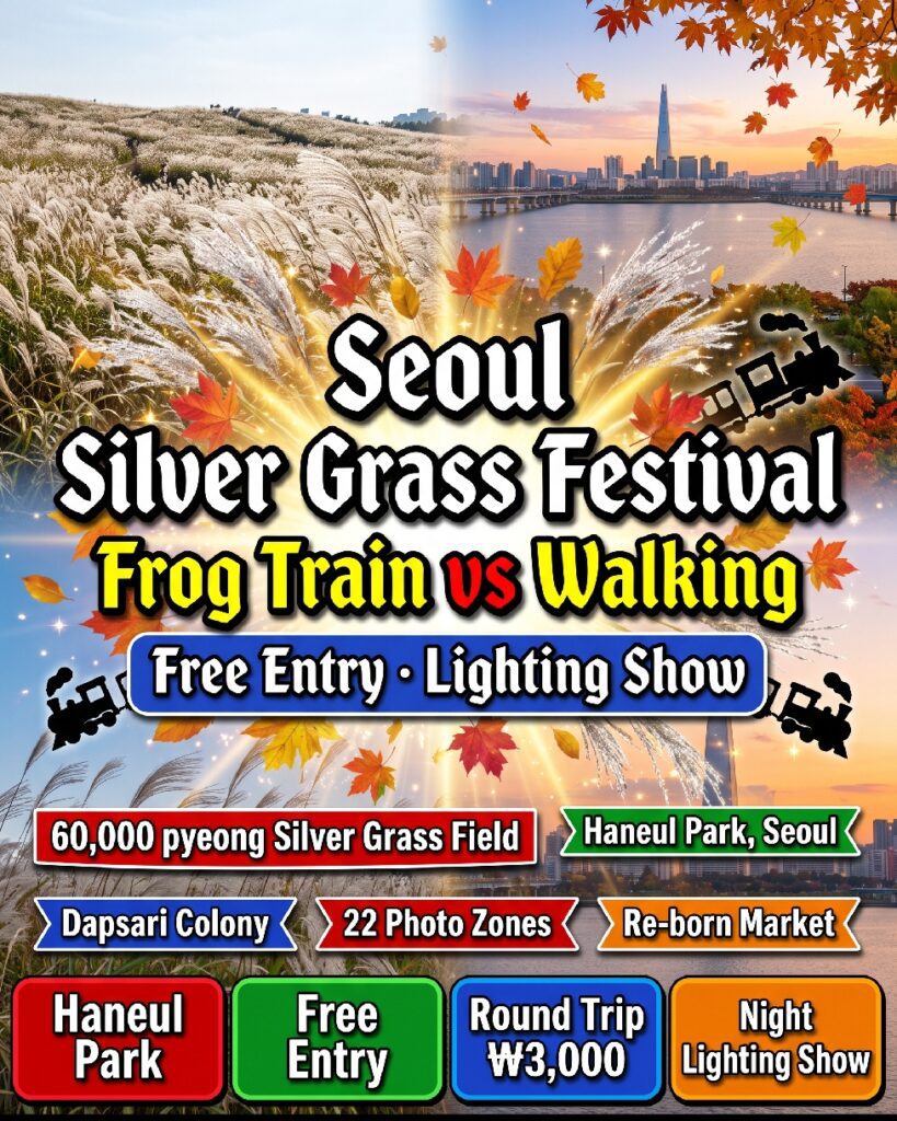 Seoul Silver Grass Festival 2026 at Haneul Park in Mapo-gu, with silver grass fields lit by laser beams under the night sky
