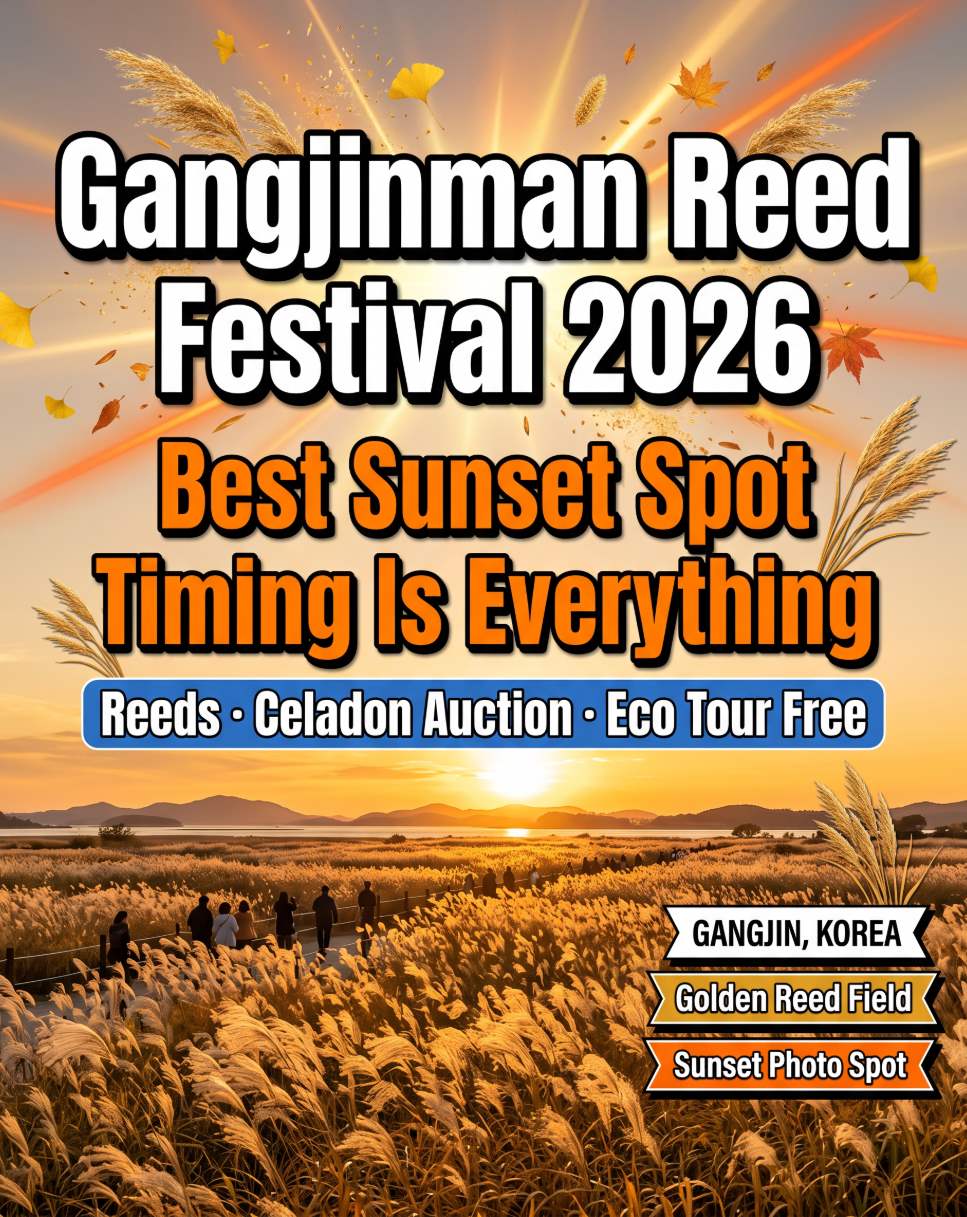 Gangjin Bay Dancing Reed Festival 2026 at Gangjin Bay Ecological Park — golden reed beds stretching to the bay with a sunset sky reflected on the water