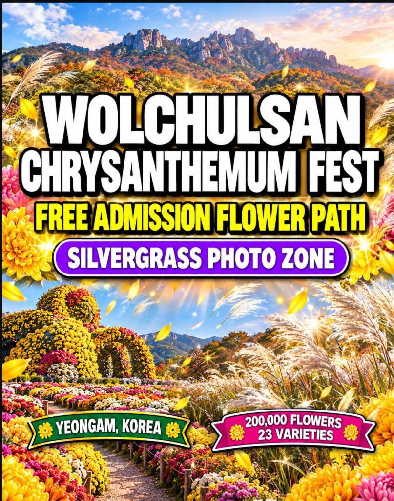 Wolchulsan Chrysanthemum Festival 2026 at Gichan Land in Yeongam with chrysanthemum sculptures and pampas grass photo zone framed by Wolchulsan mountain peaks