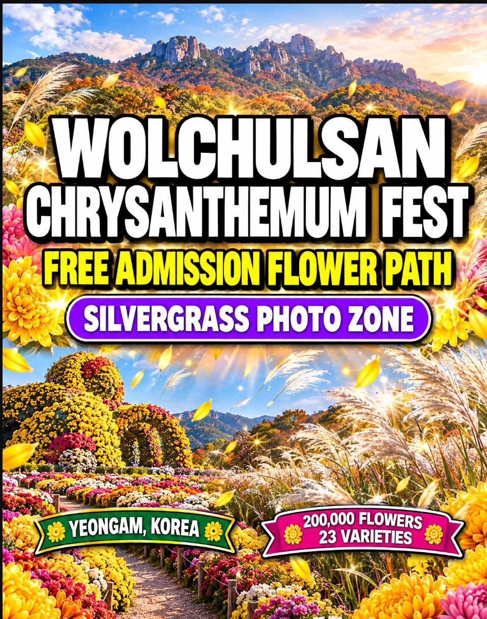 Wolchulsan Chrysanthemum Festival 2026 at Gichan Land in Yeongam with chrysanthemum sculptures and pampas grass photo zone framed by Wolchulsan mountain peaks