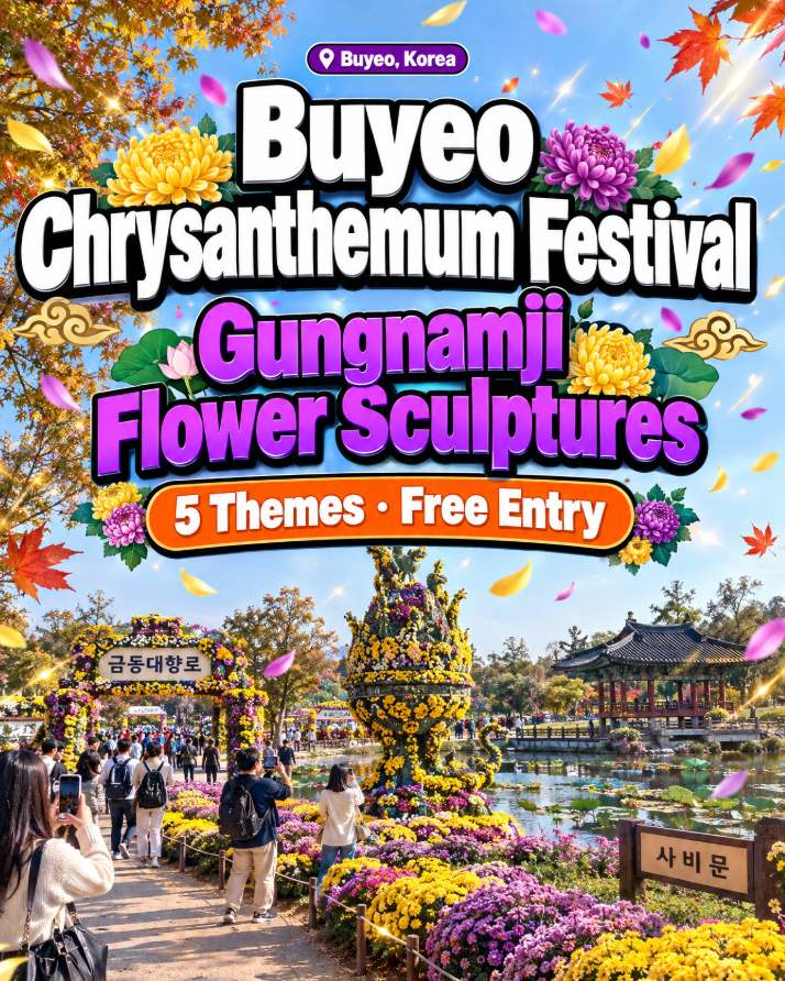 Buyeo Chrysanthemum Festival 2026 at Gungnamji Pond in Buyeo with gilt-bronze incense burner chrysanthemum sculpture and autumn scenery